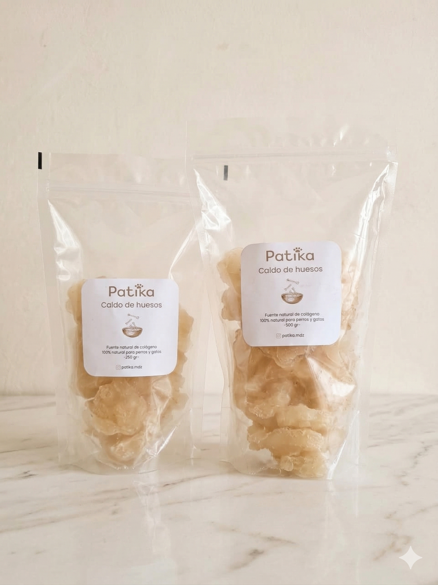 Presentaciones de caldo de huesos Patika 250g y 500g